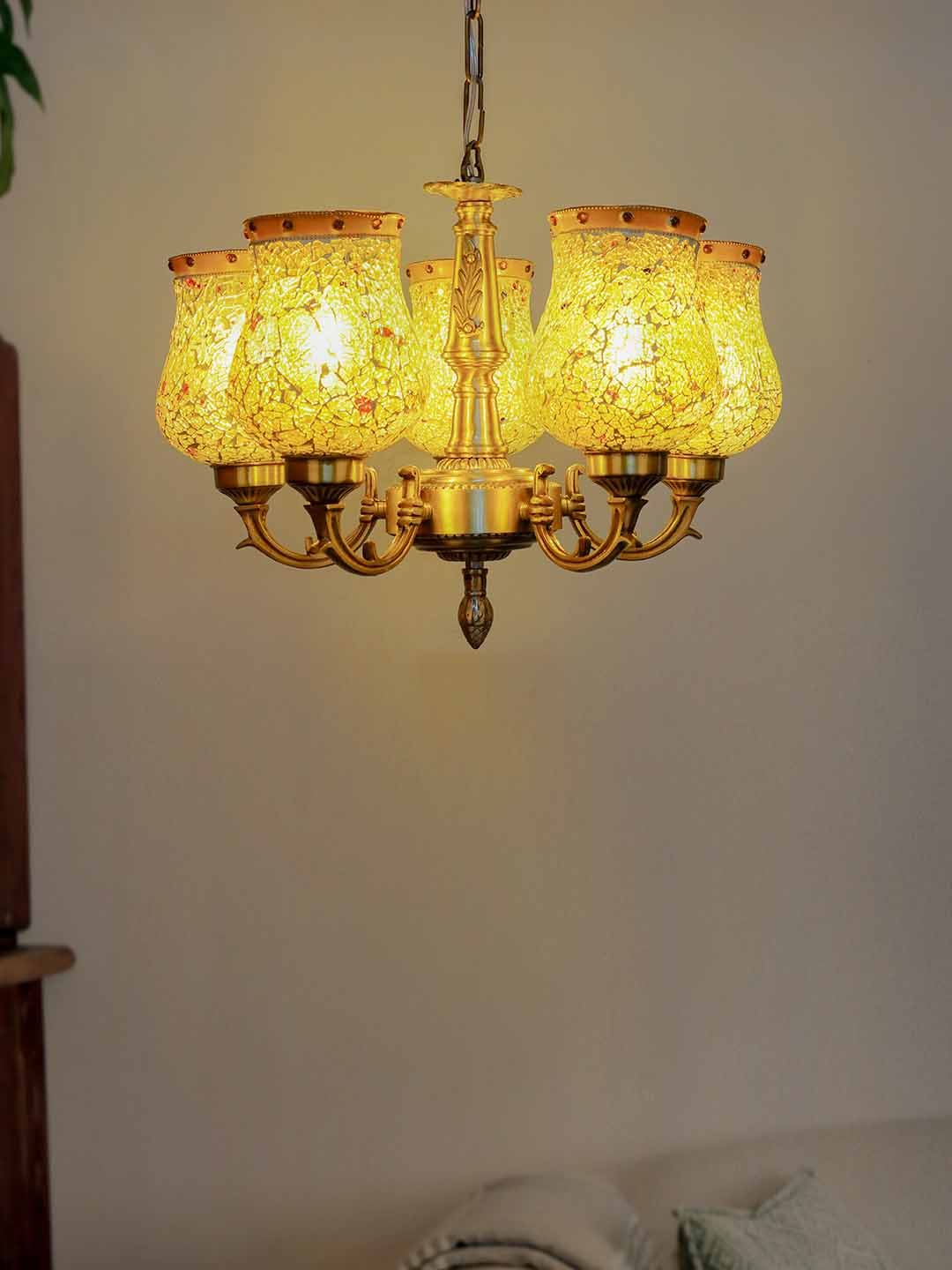 Antique Brass Small 5 Light Chandelier with Yellow Mosaic Glass with lights on