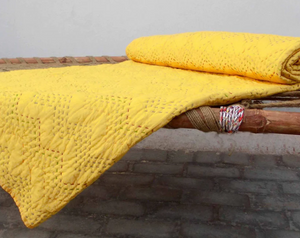 Yellow Kantha quilt - chevron pattern quilting