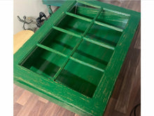 Load image into Gallery viewer, Solid wood coffee table made with reclaimed window pane top view in green