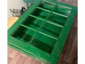 Solid wood coffee table made with reclaimed window pane top view in green