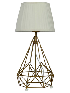 Contemporary Metal Wire Cage Diamond Pyramid Table Lamp with Golden Fabric Shade