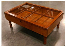 Load image into Gallery viewer, Solid wood coffee table made with reclaimed window pane in honey wood finish