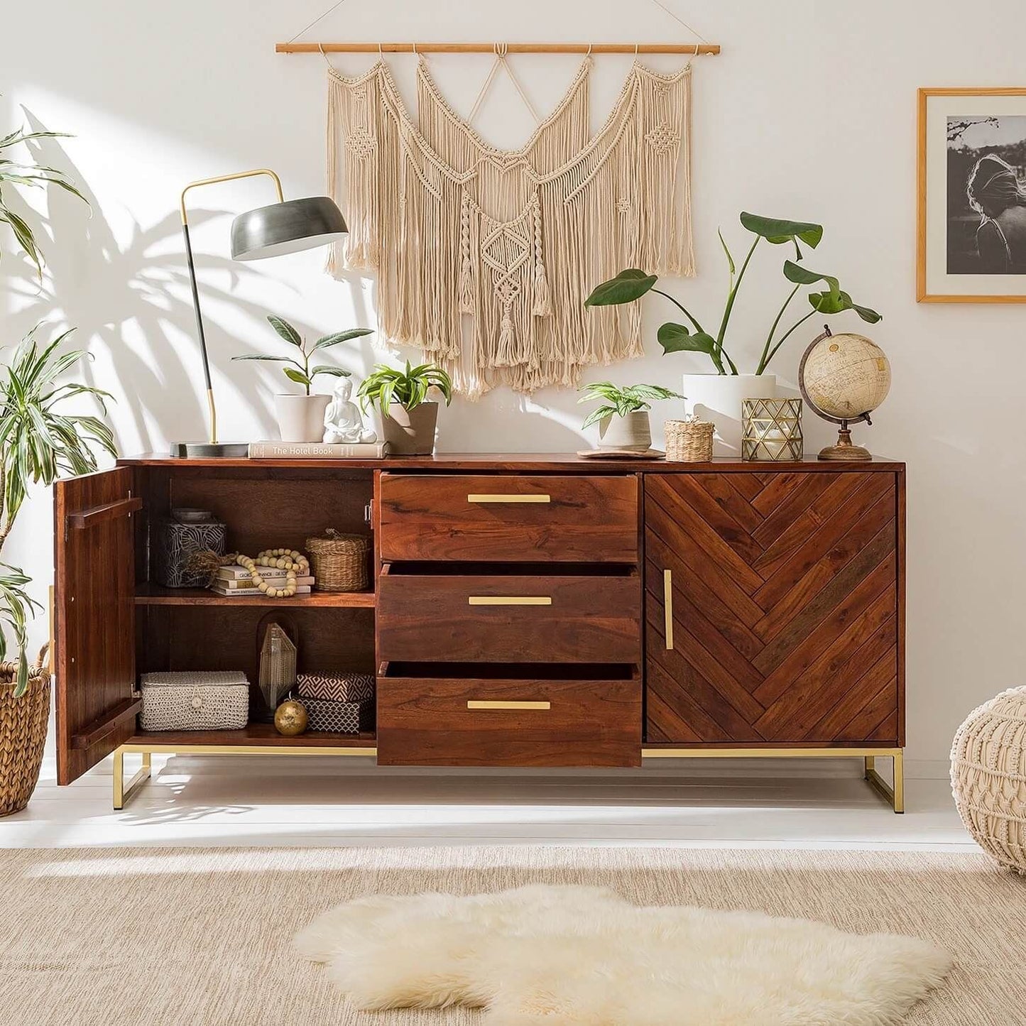 Premium solid acacia wood handcrafted Honey Finish Sideboard front view