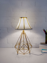 Load image into Gallery viewer, Golden Metal Wire Cage Diamond Pyramid Bedside Table Lamp with Off-white Fabric Bell Shade