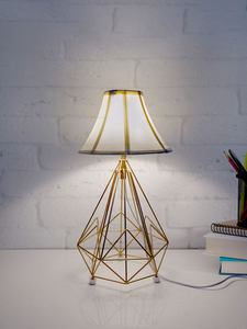 Golden Metal Wire Cage Diamond Pyramid Bedside Table Lamp with Off-white Fabric Bell Shade