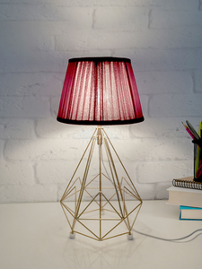 Golden Metal Wire Cage Diamond Pyramid Bedside Table Lamp with Pleated Maroon Fabric Shade