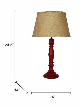 French Farmhouse Distressed Red Wooden Table Lamp with 14 Inch Tapered Jute Shade