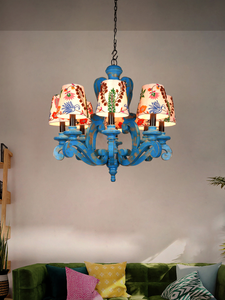 Country-Style Distressed Blue 28 Inch Wide 8-Light Wooden Ceiling Chandelier