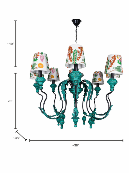 Emerald Green Distressed Wooden 8-Light Ceiling Chandelier with 6 Inch Floral Embroidery White Fabric Shades dimensions