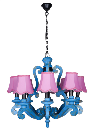 Ceiling Chandelier Light With Pink Scallop Bell Fabric Shades without background