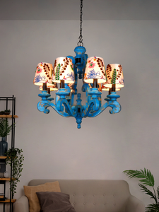 Distressed Blue 28 Inch Wide 8-Light Wooden Ceiling Chandelier