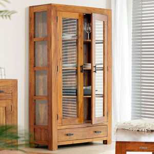 2 Door 2 Drawer Glass Cabinet in Natural Finish with closed doors
