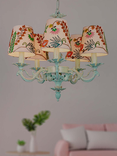 Distressed Green Cast Aluminium 5 Lights Small Chandelier with Floral Embroidery White Fabric Shades