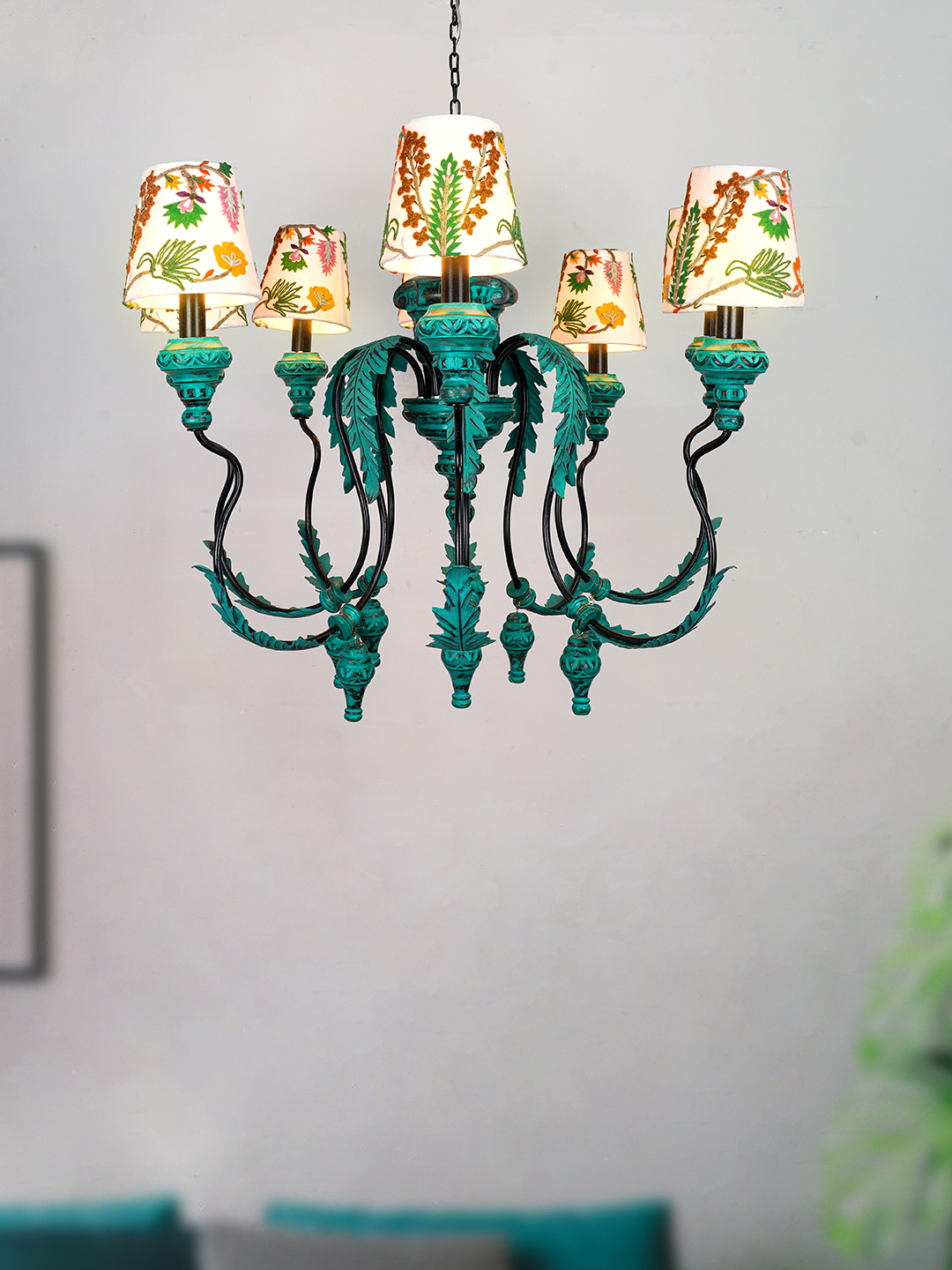 Emerald Green Distressed Wooden 8-Light Ceiling Chandelier with 6 Inch Floral Embroidery White Fabric Shades