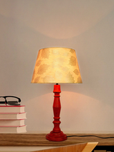 Load image into Gallery viewer, French Farmhouse Distressed Red Wooden Table Lamp with 14 Inch Gold leaf pattern Tapered Fabric Shade