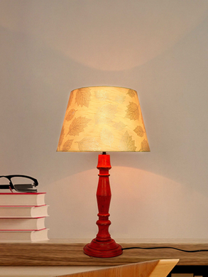 French Farmhouse Distressed Red Wooden Table Lamp with 14 Inch Gold leaf pattern Tapered Fabric Shade