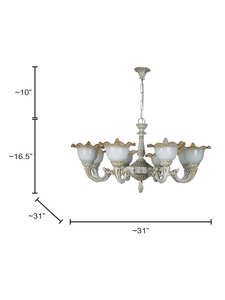 Rustic Distressed White 8-Light Aluminium Chandelier With Floral Glass Shades dimensions