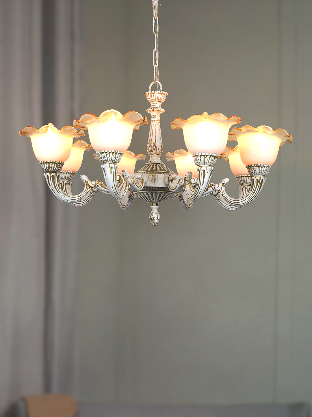 Rustic Distressed White 8-Light Aluminium Chandelier With Floral Glass Shades side view