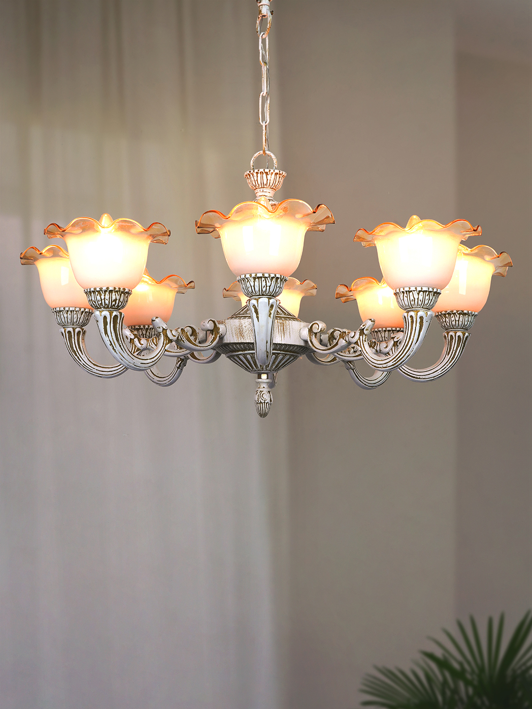 Rustic Distressed White 8-Light Aluminium Chandelier With Floral Glass Shades