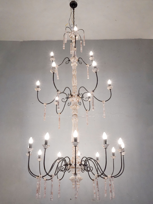 Chic French Country 21 Lights 3 Tier Rustic White Wood and Wrought iron Candelabra Chandelier