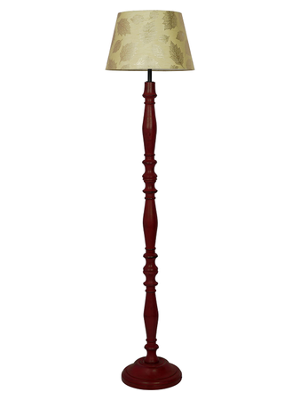 French Farmhouse-Style Distressed Red Wooden Rustic Floor Lamp with 14 Inch Gold leaf pattern Tapered Fabric Shade