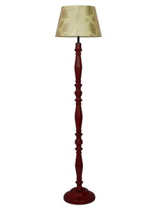 French Farmhouse-Style Distressed Red Wooden Rustic Floor Lamp with 14 Inch Gold leaf pattern Tapered Fabric Shade