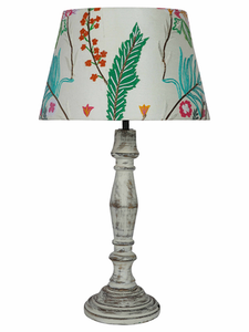 French Farmhouse Distressed White Wooden Table Lamp with Embroidered White Tapered Fabric Shade