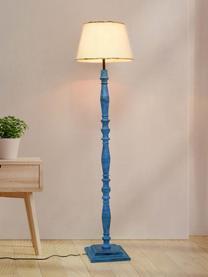 French Farmhouse-Style Distressed Blue Wooden Rustic Floor Lamp with 14 Inch Off-White Gold Rim Tapered Fabric Shade