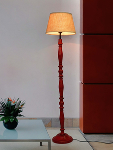 French Farmhouse-Style Distressed Red Wooden Rustic Floor Lamp with 14 Inch Tapered Jute Shade
