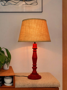 French Farmhouse Distressed Red Wooden Table Lamp with 14 Inch Tapered Jute Shade