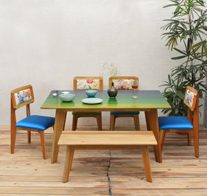 Blue and Green Maldives Inspired Solid Wood 6 Seater Dining Set side view