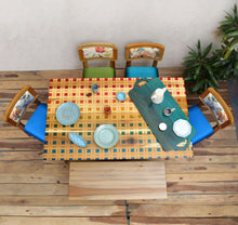 Load image into Gallery viewer, Brown Solid Wood 6 Seater Dining Set with Handprinted Madras Checks Serigraph on the Table Top, top view
