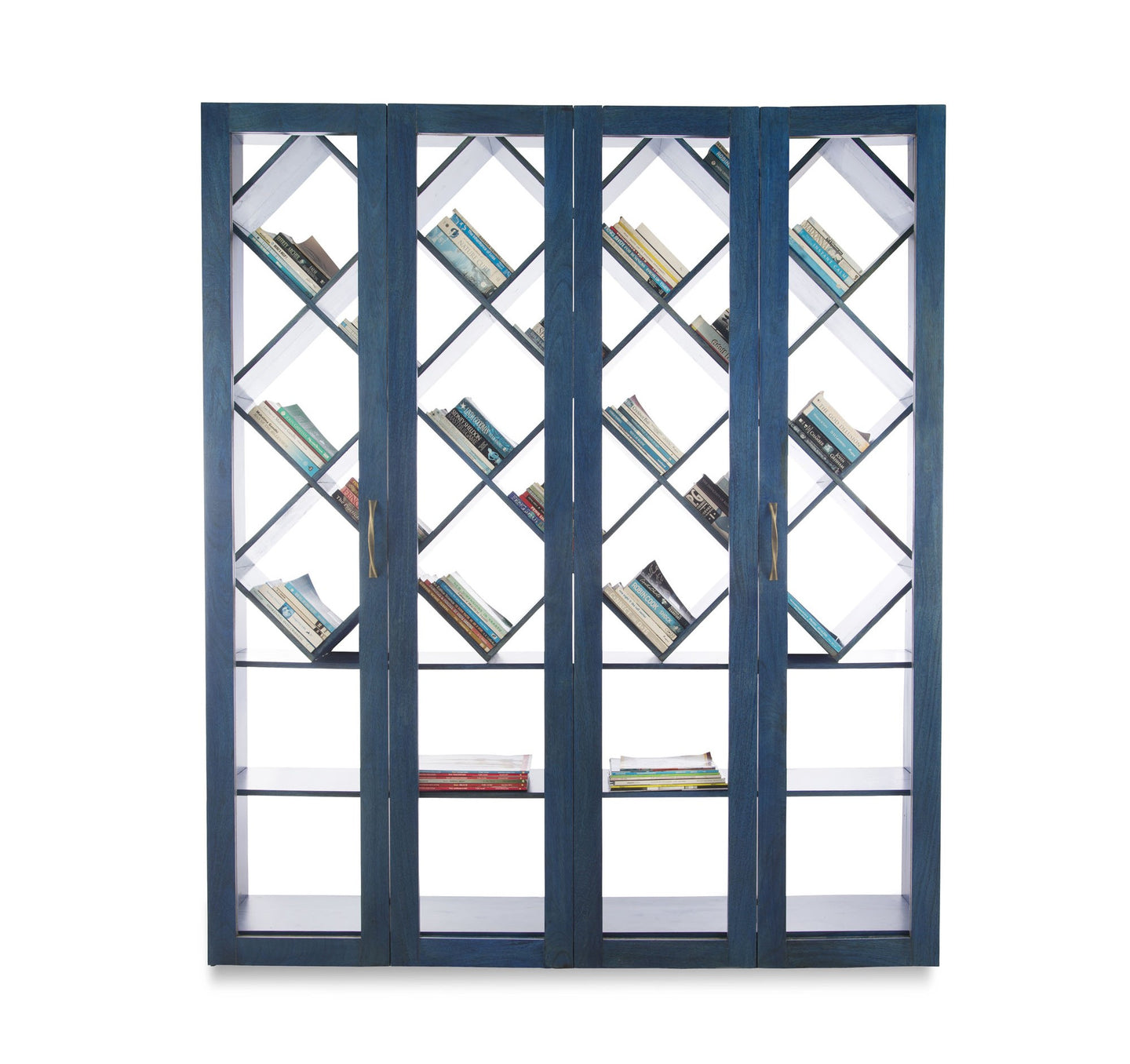 Indigo Blue Solid Wood Bookshelf with Sliding Folding Door