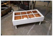 Load image into Gallery viewer, Solid wood coffee table made with reclaimed window pane in natural wood finish