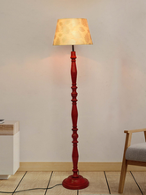 Load image into Gallery viewer, French Farmhouse-Style Distressed Red Wooden Rustic Floor Lamp with 14 Inch Gold leaf pattern Tapered Fabric Shade
