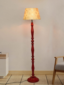 French Farmhouse-Style Distressed Red Wooden Rustic Floor Lamp with 14 Inch Gold leaf pattern Tapered Fabric Shade