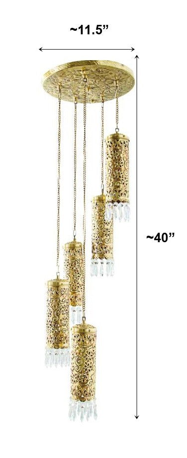 Hand Carved Brass & Crystal Mini Cylinder Set of 5 Hanging Light dimensions