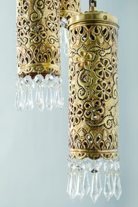 Hand Carved Brass & Crystal Mini Cylinder Set of 5 Hanging Light close up