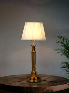 Transitional Hand-Carved Gold 23 Inch Steel Table Lamp With 10 Inch Golden Tapered Pleated Fabric Lampshade