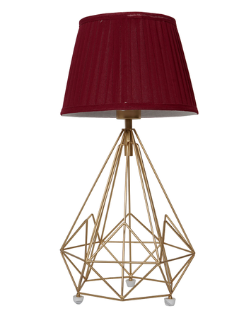 Golden Metal Wire Cage Diamond Pyramid Bedside Table Lamp with Pleated Maroon Fabric Shade