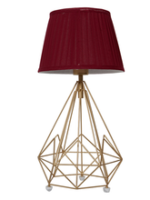 Load image into Gallery viewer, Golden Metal Wire Cage Diamond Pyramid Bedside Table Lamp with Pleated Maroon Fabric Shade