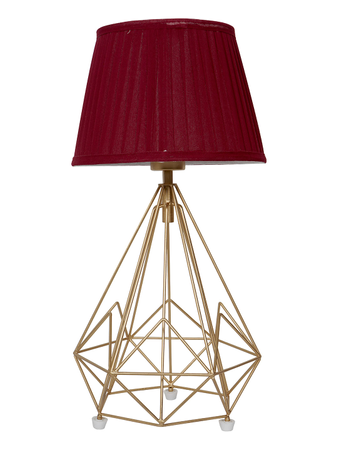 Golden Metal Wire Cage Diamond Pyramid Bedside Table Lamp with Pleated Maroon Fabric Shade