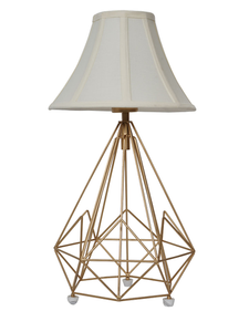 Golden Metal Wire Cage Diamond Pyramid Bedside Table Lamp with Off-white Fabric Bell Shade
