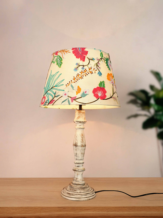 French Farmhouse Distressed White Wooden Table Lamp with Embroidered White Tapered Fabric Shade