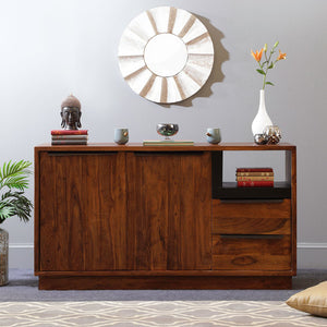 Acacia wood handcrafted sideboard front view