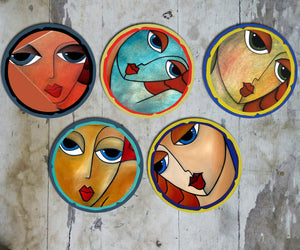 Hand painted Set of 5 'Faces' Wall Plates
