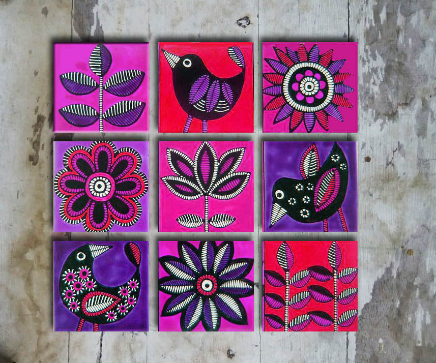 Hand painted set of 9 tiles