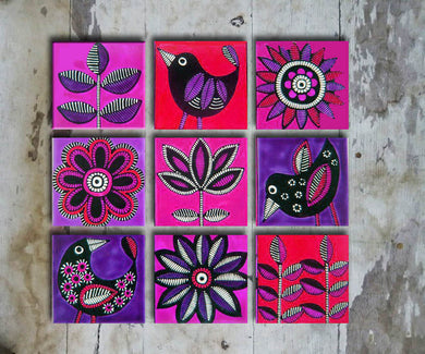 Hand painted set of 9 tiles