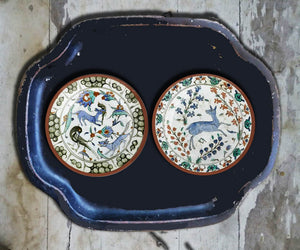 Hand painted set of 2 Turkish Forest' wall plates on metal tray