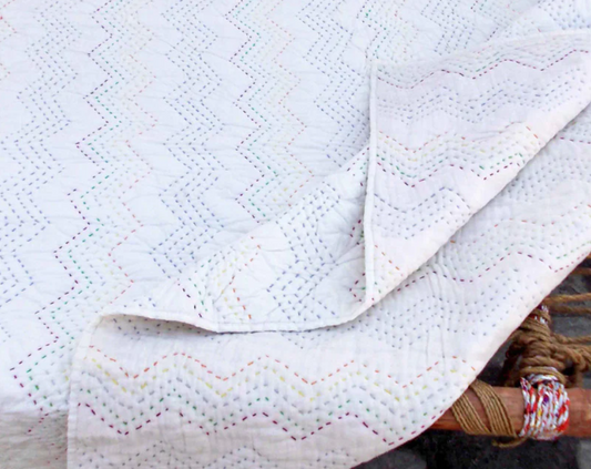 Kantha Bedspread - White color with chevron pattern quilting